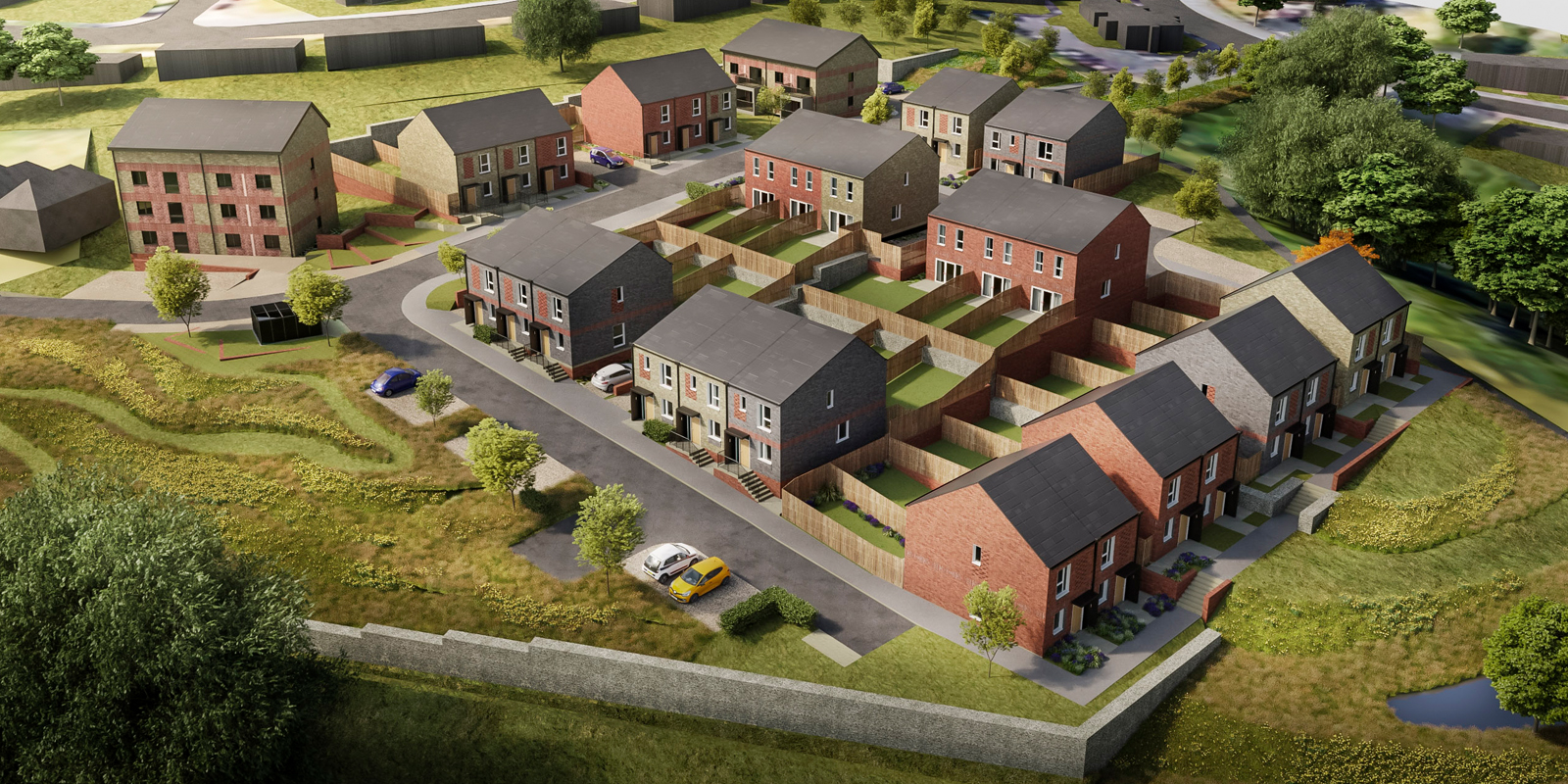 3D rendered new housing development using modern methods of construction